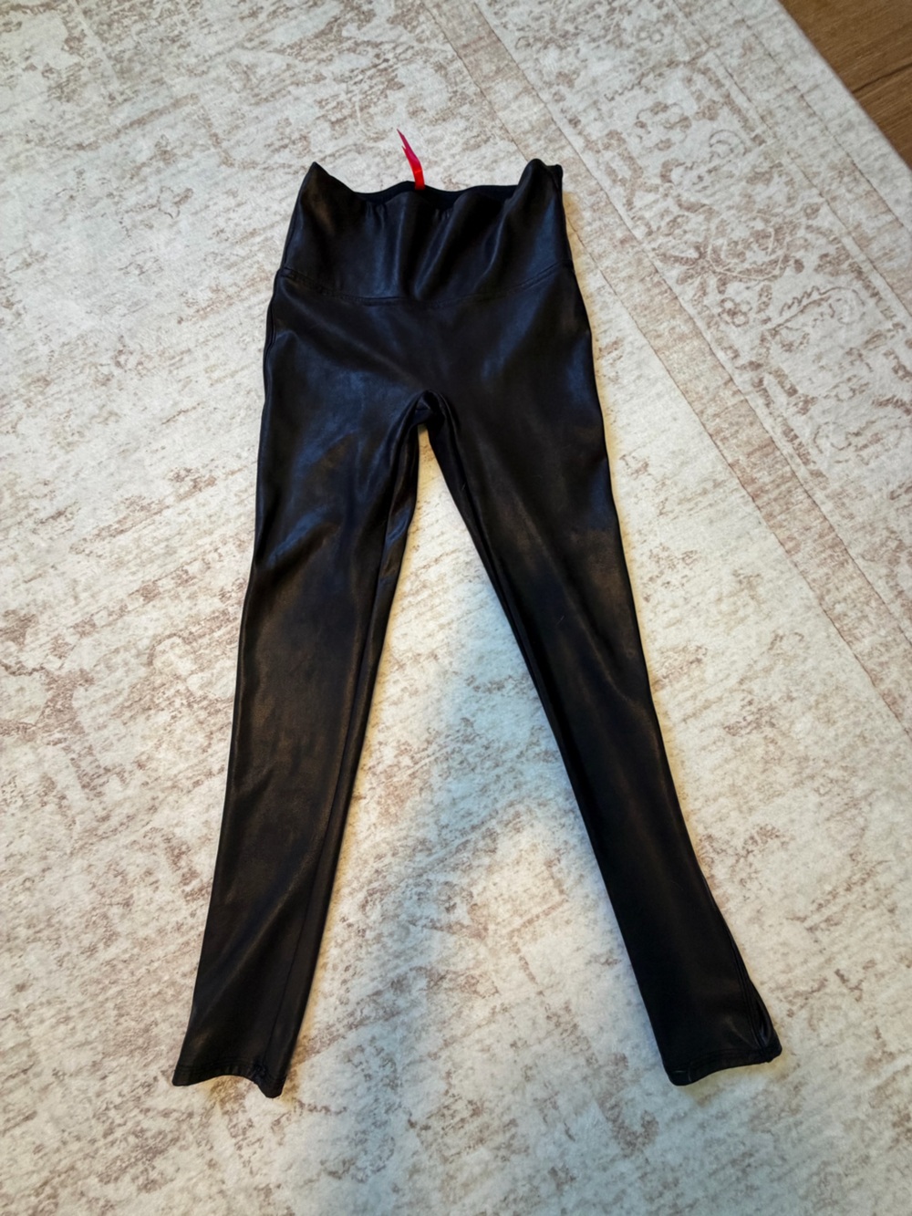 SPANX Black Faux Leather-Look Leggings with Red Brand Tag